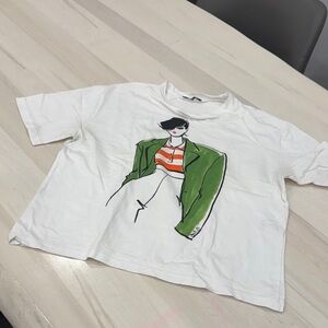 Zara White Tee with Green and Orange Graphic